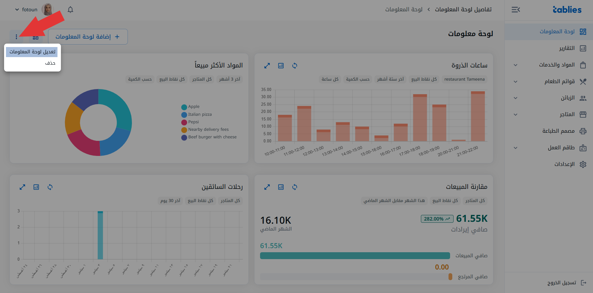 إعدادات لوحة المعلومات