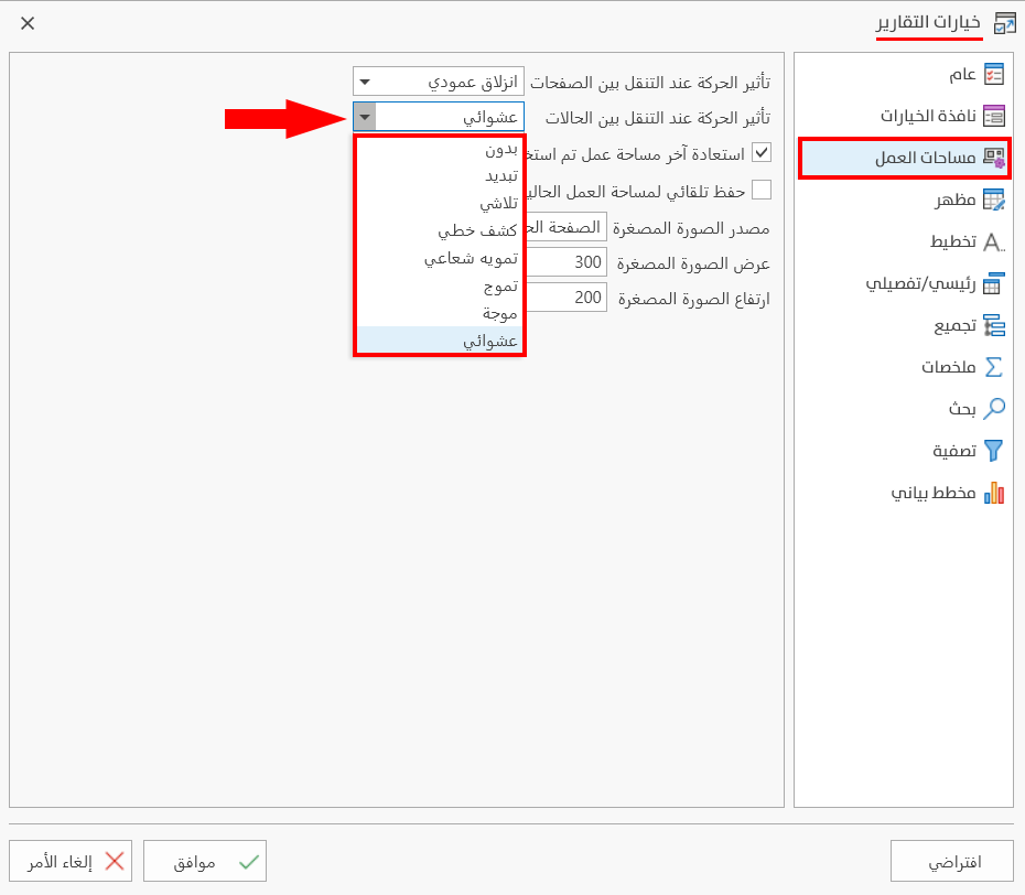 خيارات التقارير