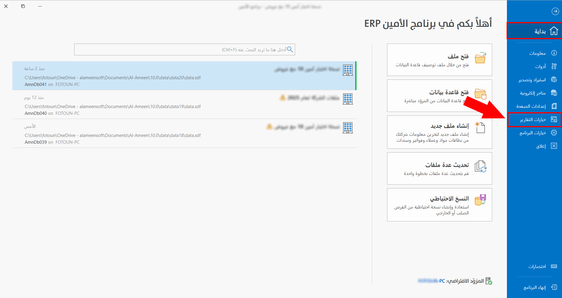 خيارات التقارير