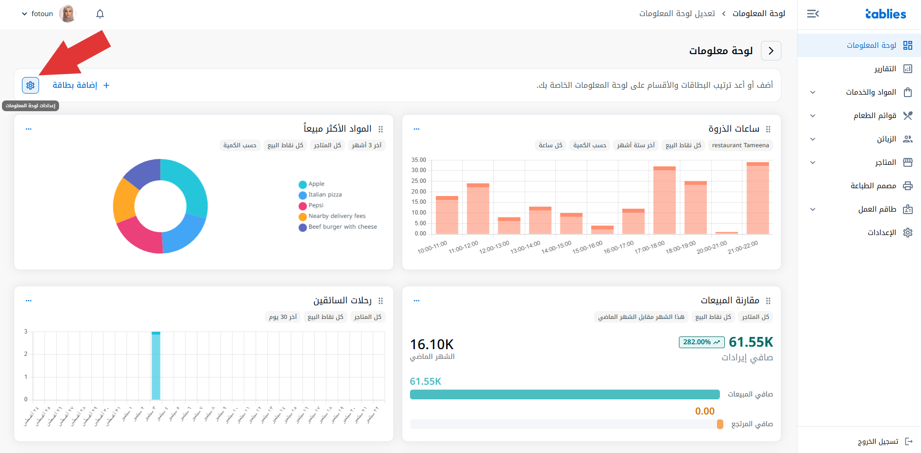 إعدادات لوحة المعلومات