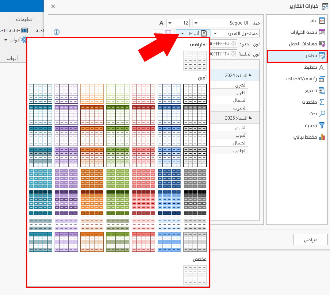 خيارات التقارير